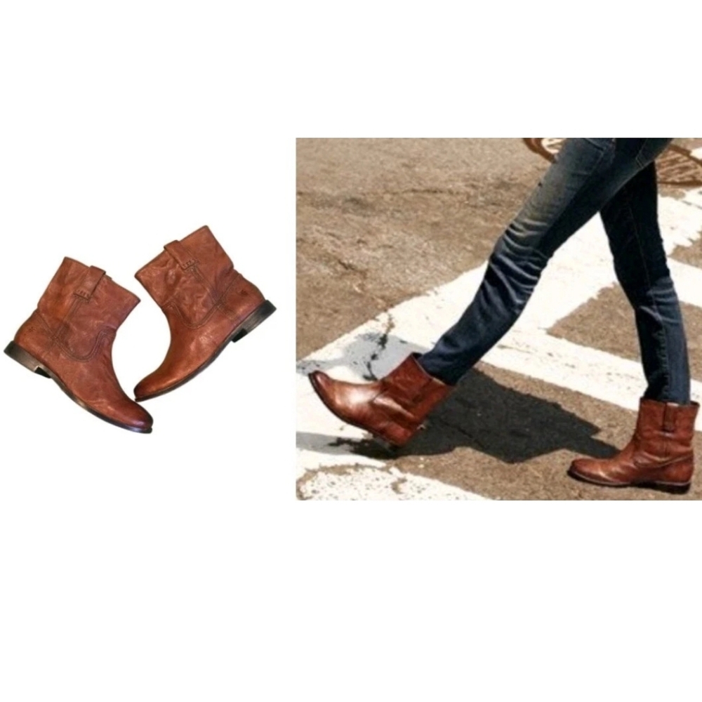 Frye Anna Short Cognac Leather Pull On Cute Streetwear Bike Boots! Excellent
